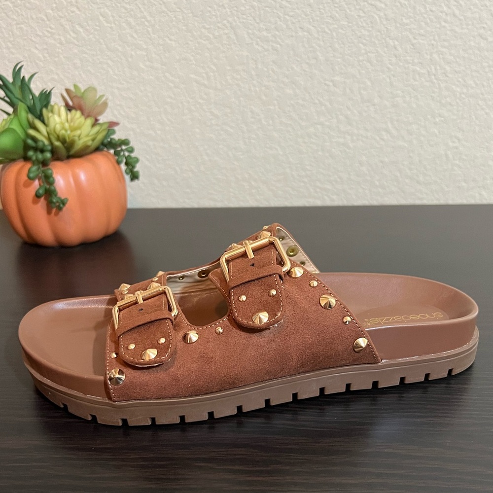 Brown and Gold Studded Sandals 7.5 NEW - Picture 7 of 12